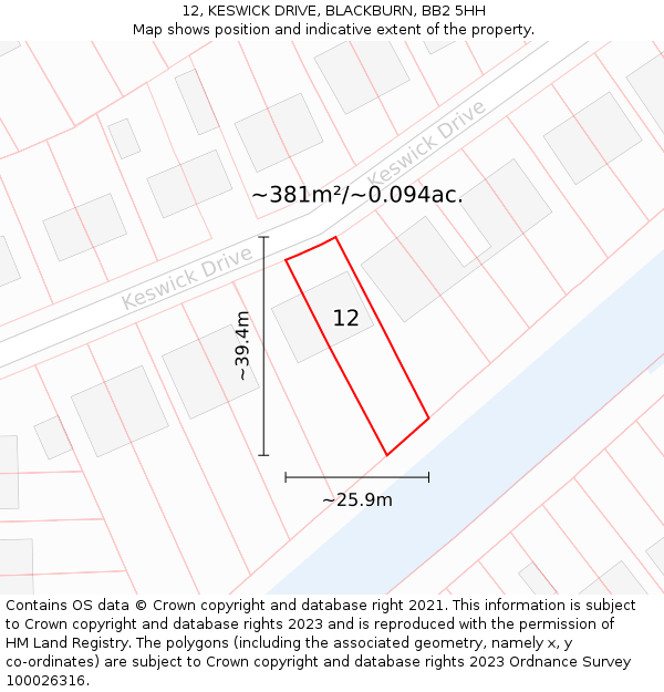 12, KESWICK DRIVE, BLACKBURN, BB2 5HH: Plot and title map