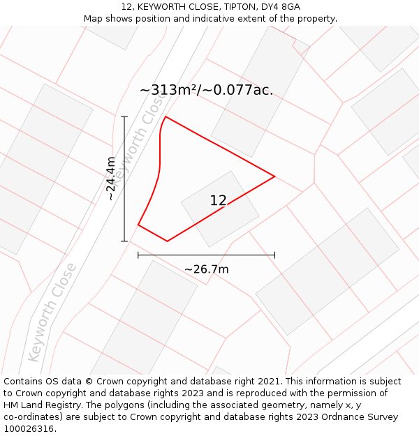 12, KEYWORTH CLOSE, TIPTON, DY4 8GA: Plot and title map