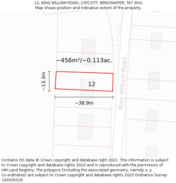 12, KING WILLIAM ROAD, CATCOTT, BRIDGWATER, TA7 9HU: Plot and title map