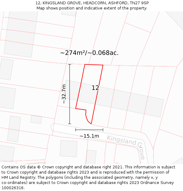 12, KINGSLAND GROVE, HEADCORN, ASHFORD, TN27 9SP: Plot and title map