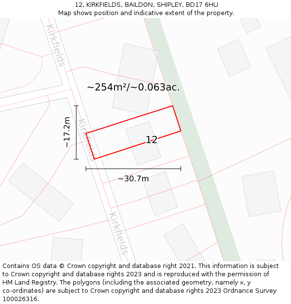 12, KIRKFIELDS, BAILDON, SHIPLEY, BD17 6HU: Plot and title map