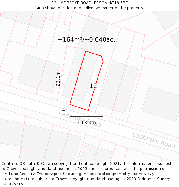 12, LADBROKE ROAD, EPSOM, KT18 5BG: Plot and title map