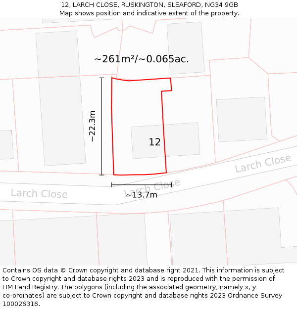 12, LARCH CLOSE, RUSKINGTON, SLEAFORD, NG34 9GB: Plot and title map