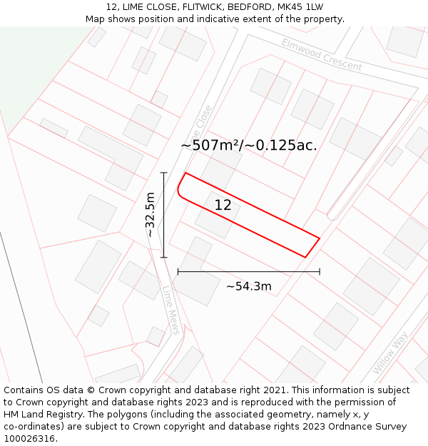 12, LIME CLOSE, FLITWICK, BEDFORD, MK45 1LW: Plot and title map