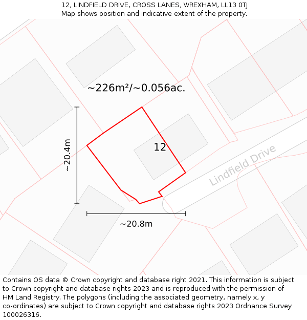 12, LINDFIELD DRIVE, CROSS LANES, WREXHAM, LL13 0TJ: Plot and title map