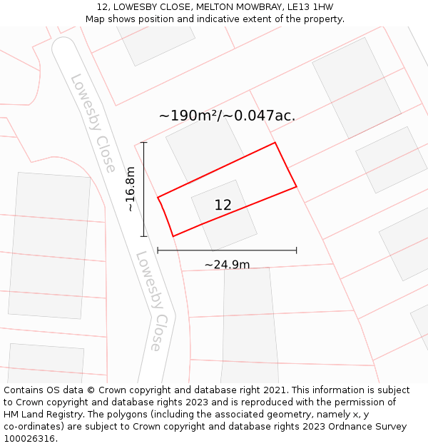 12, LOWESBY CLOSE, MELTON MOWBRAY, LE13 1HW: Plot and title map