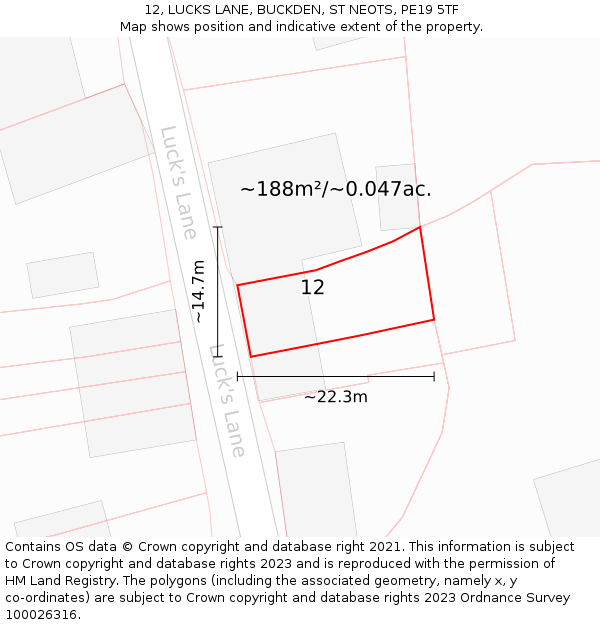 12, LUCKS LANE, BUCKDEN, ST NEOTS, PE19 5TF: Plot and title map