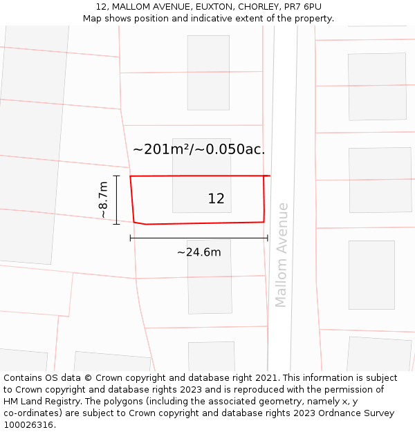 12, MALLOM AVENUE, EUXTON, CHORLEY, PR7 6PU: Plot and title map