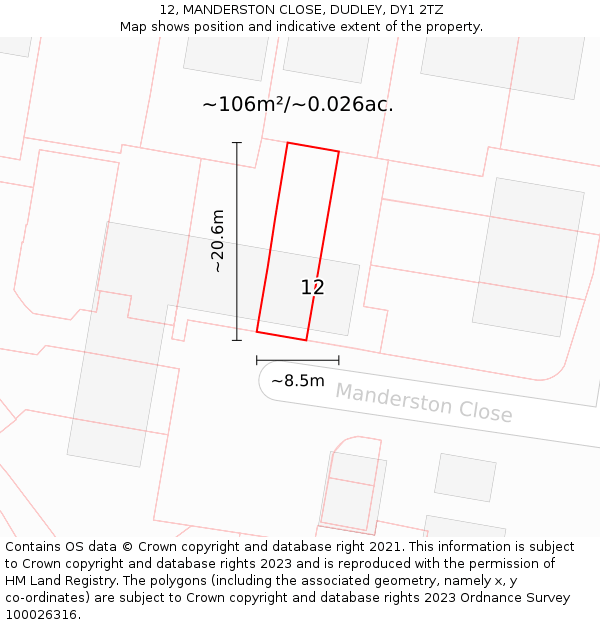 12, MANDERSTON CLOSE, DUDLEY, DY1 2TZ: Plot and title map