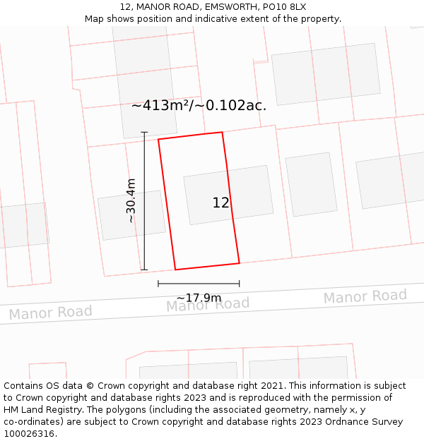 12, MANOR ROAD, EMSWORTH, PO10 8LX: Plot and title map