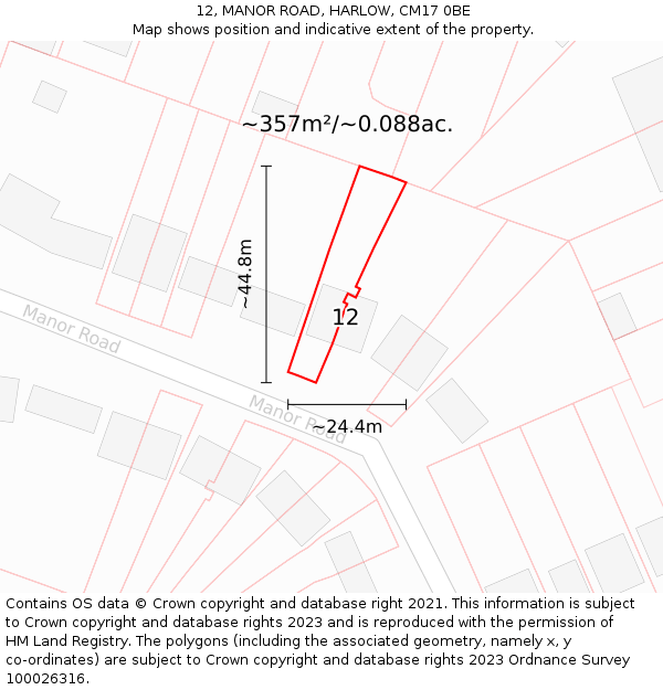 12, MANOR ROAD, HARLOW, CM17 0BE: Plot and title map