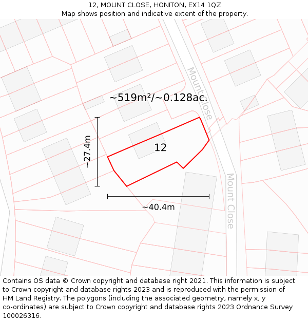 12, MOUNT CLOSE, HONITON, EX14 1QZ: Plot and title map