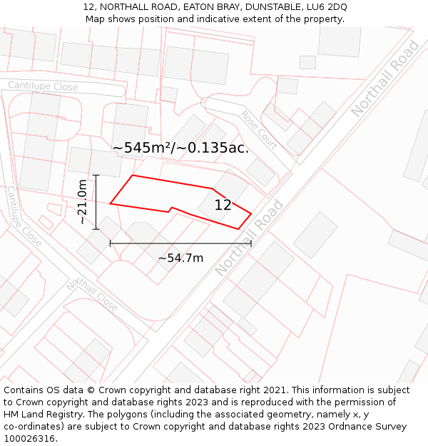 12, NORTHALL ROAD, EATON BRAY, DUNSTABLE, LU6 2DQ: Plot and title map