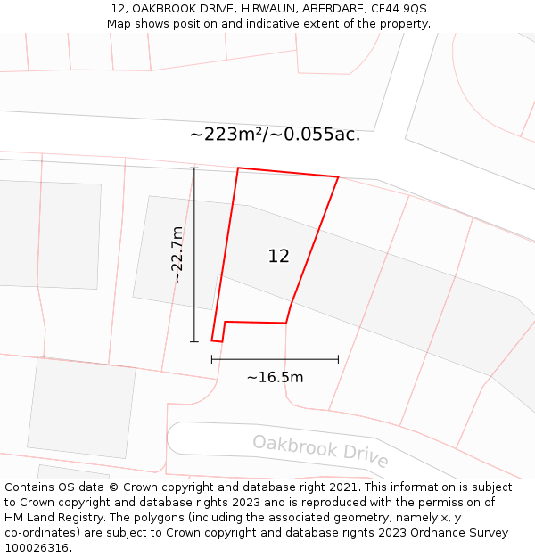 12, OAKBROOK DRIVE, HIRWAUN, ABERDARE, CF44 9QS: Plot and title map