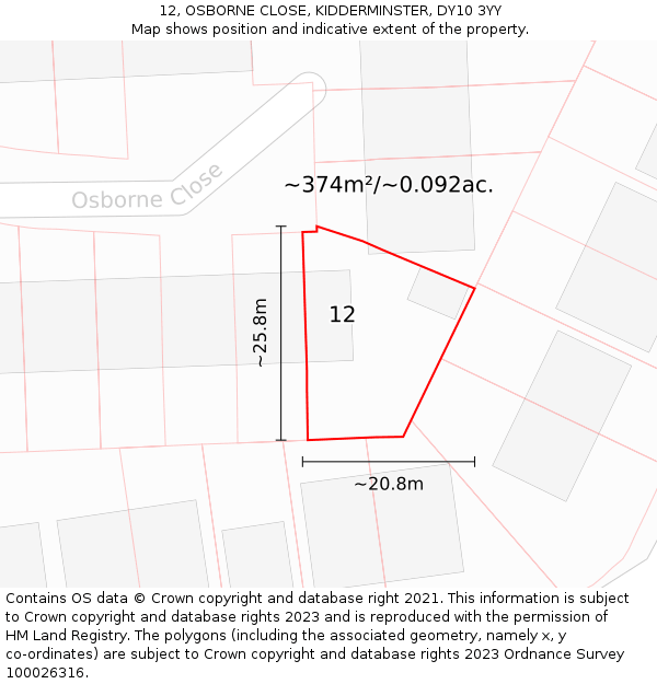 12, OSBORNE CLOSE, KIDDERMINSTER, DY10 3YY: Plot and title map