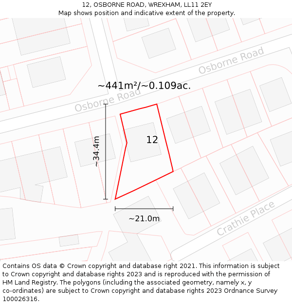 12, OSBORNE ROAD, WREXHAM, LL11 2EY: Plot and title map