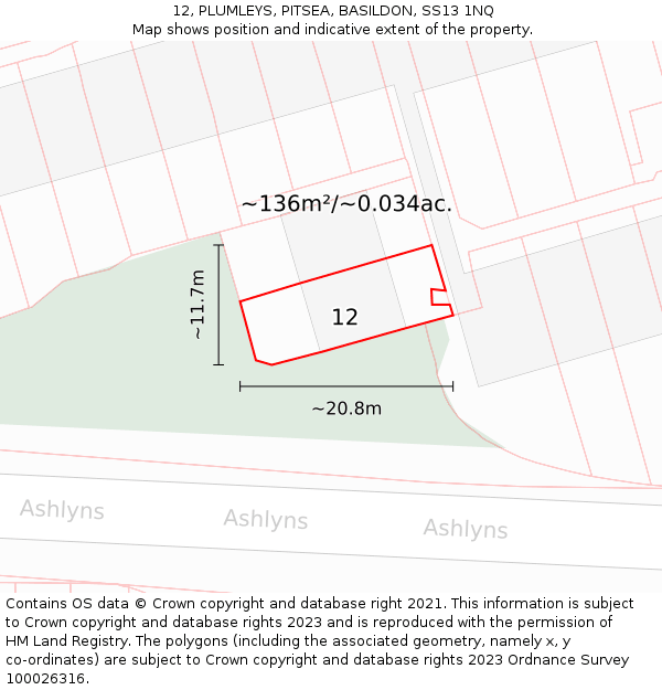 12, PLUMLEYS, PITSEA, BASILDON, SS13 1NQ: Plot and title map