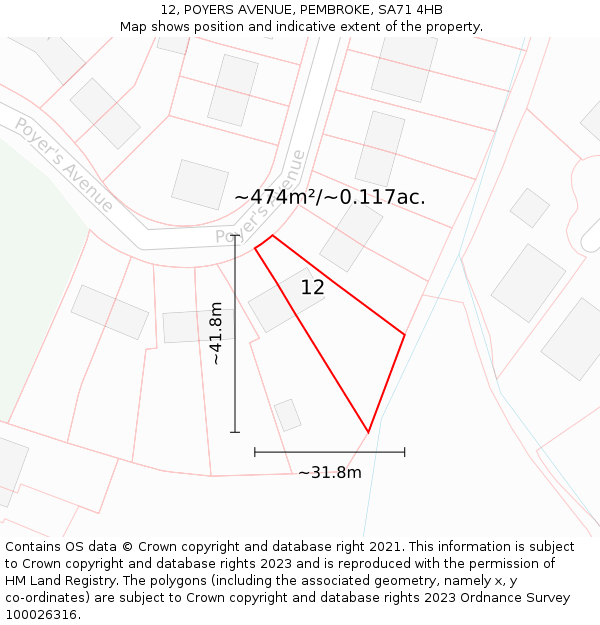 12, POYERS AVENUE, PEMBROKE, SA71 4HB: Plot and title map