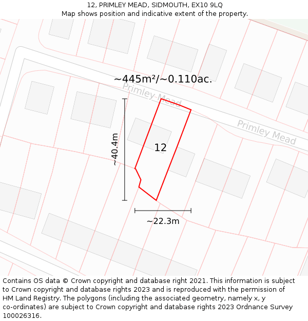 12, PRIMLEY MEAD, SIDMOUTH, EX10 9LQ: Plot and title map