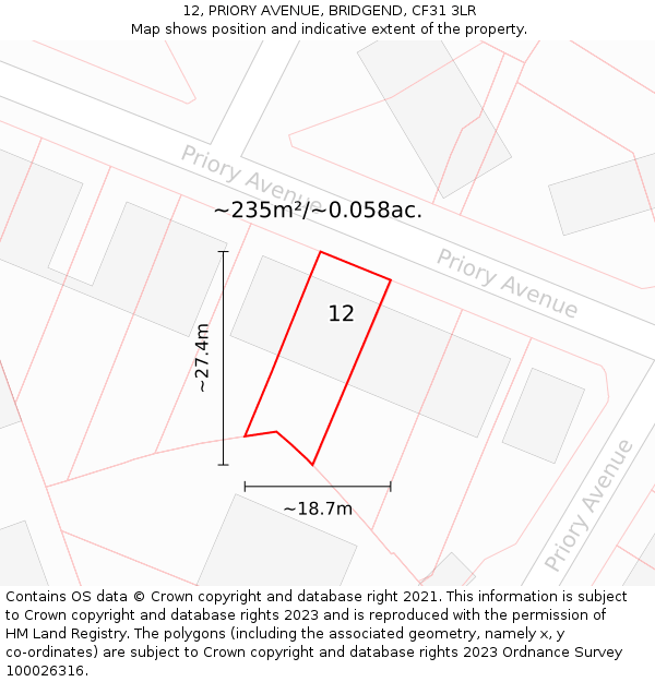 12, PRIORY AVENUE, BRIDGEND, CF31 3LR: Plot and title map