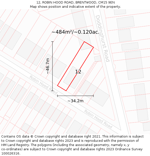 12, ROBIN HOOD ROAD, BRENTWOOD, CM15 9EN: Plot and title map