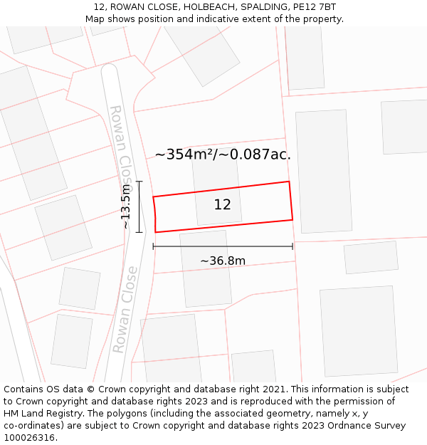 12, ROWAN CLOSE, HOLBEACH, SPALDING, PE12 7BT: Plot and title map