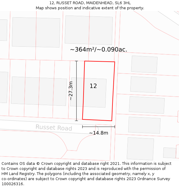 12, RUSSET ROAD, MAIDENHEAD, SL6 3HL: Plot and title map