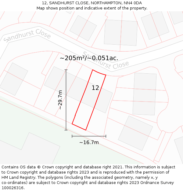 12, SANDHURST CLOSE, NORTHAMPTON, NN4 0DA: Plot and title map