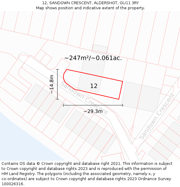 12, SANDOWN CRESCENT, ALDERSHOT, GU11 3RY: Plot and title map