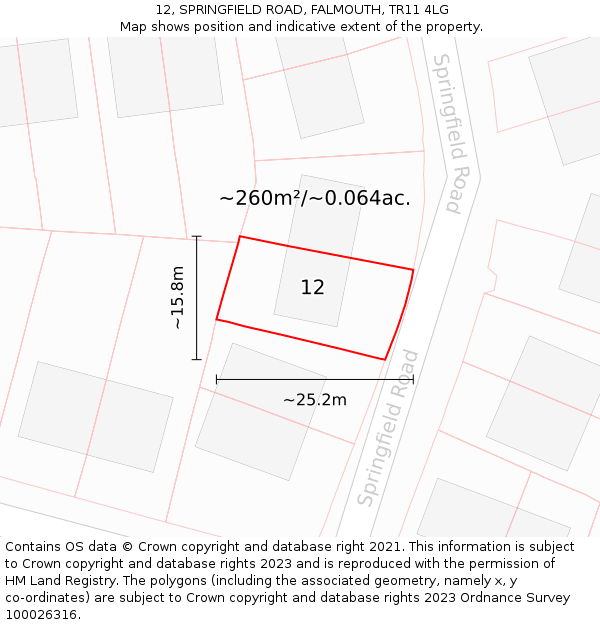 12, SPRINGFIELD ROAD, FALMOUTH, TR11 4LG: Plot and title map