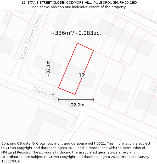 12, STANE STREET CLOSE, CODMORE HILL, PULBOROUGH, RH20 1BD: Plot and title map