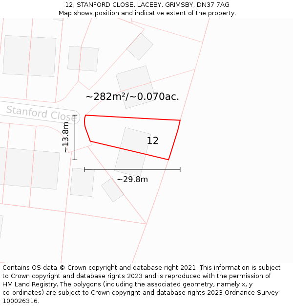 12, STANFORD CLOSE, LACEBY, GRIMSBY, DN37 7AG: Plot and title map