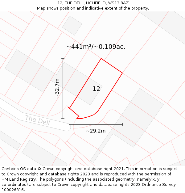 12, THE DELL, LICHFIELD, WS13 8AZ: Plot and title map