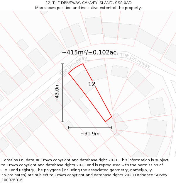 12, THE DRIVEWAY, CANVEY ISLAND, SS8 0AD: Plot and title map