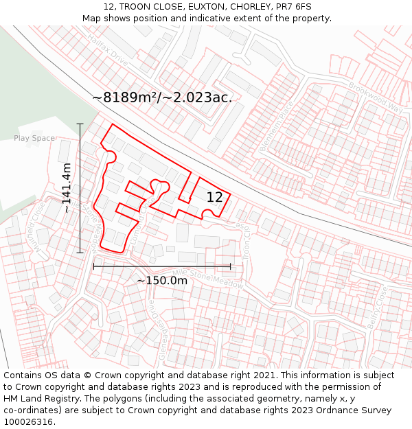 12, TROON CLOSE, EUXTON, CHORLEY, PR7 6FS: Plot and title map