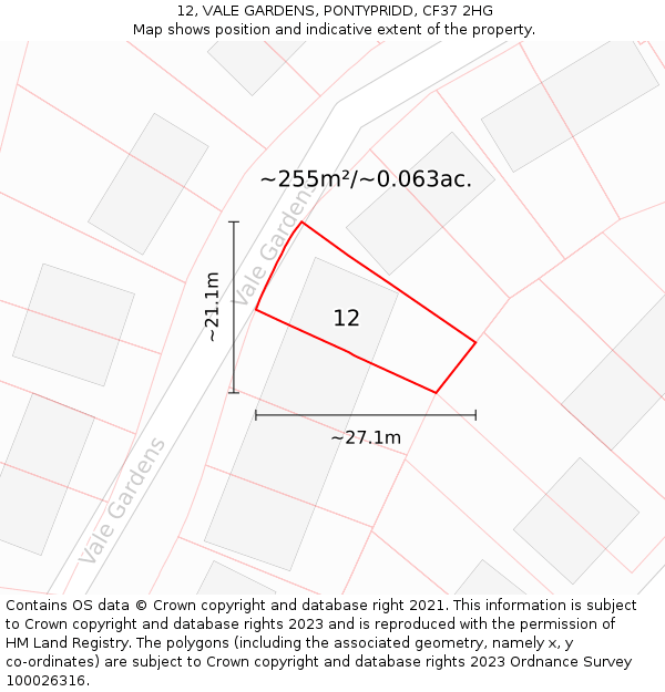 12, VALE GARDENS, PONTYPRIDD, CF37 2HG: Plot and title map