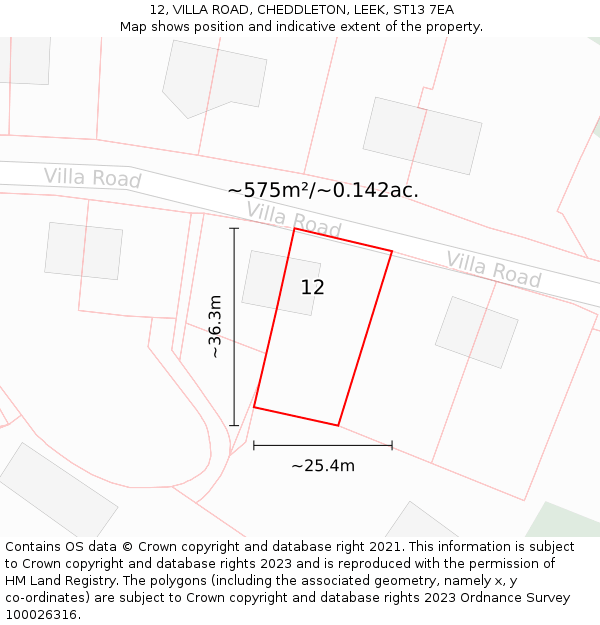 12, VILLA ROAD, CHEDDLETON, LEEK, ST13 7EA: Plot and title map