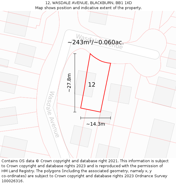 12, WASDALE AVENUE, BLACKBURN, BB1 1XD: Plot and title map