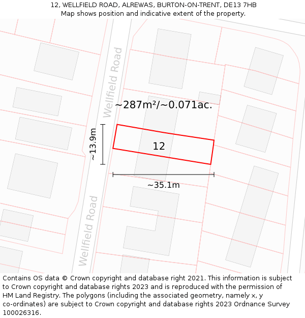 12, WELLFIELD ROAD, ALREWAS, BURTON-ON-TRENT, DE13 7HB: Plot and title map