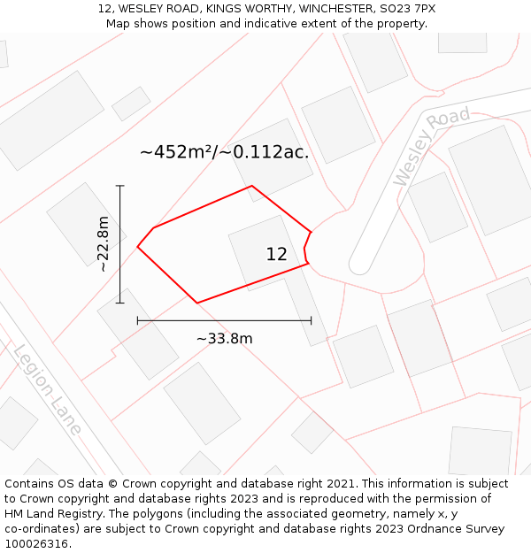 12, WESLEY ROAD, KINGS WORTHY, WINCHESTER, SO23 7PX: Plot and title map