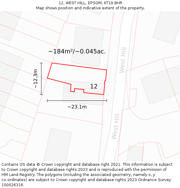 12, WEST HILL, EPSOM, KT19 8HR: Plot and title map