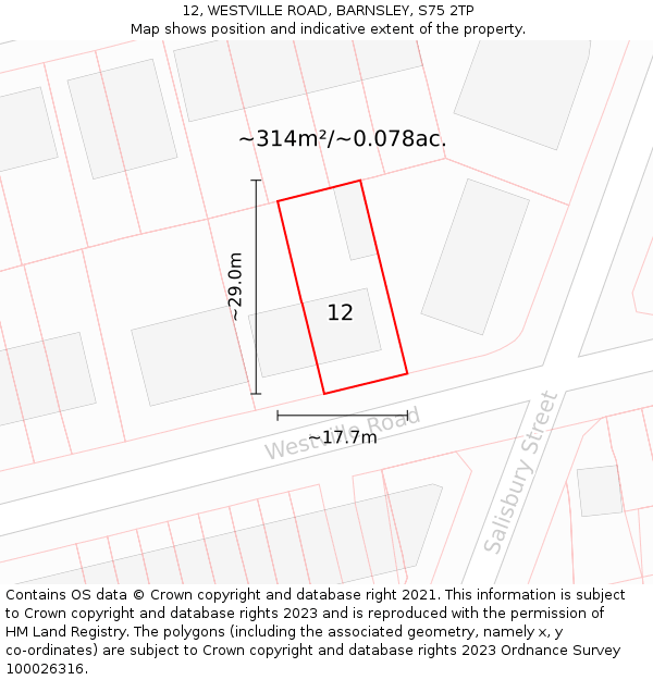 12, WESTVILLE ROAD, BARNSLEY, S75 2TP: Plot and title map