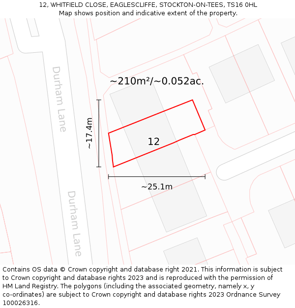 12, WHITFIELD CLOSE, EAGLESCLIFFE, STOCKTON-ON-TEES, TS16 0HL: Plot and title map