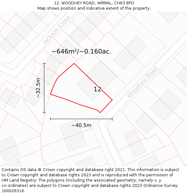 12, WOODHEY ROAD, WIRRAL, CH63 8PD: Plot and title map