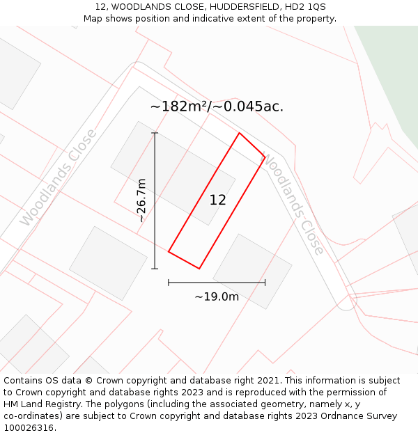 12, WOODLANDS CLOSE, HUDDERSFIELD, HD2 1QS: Plot and title map