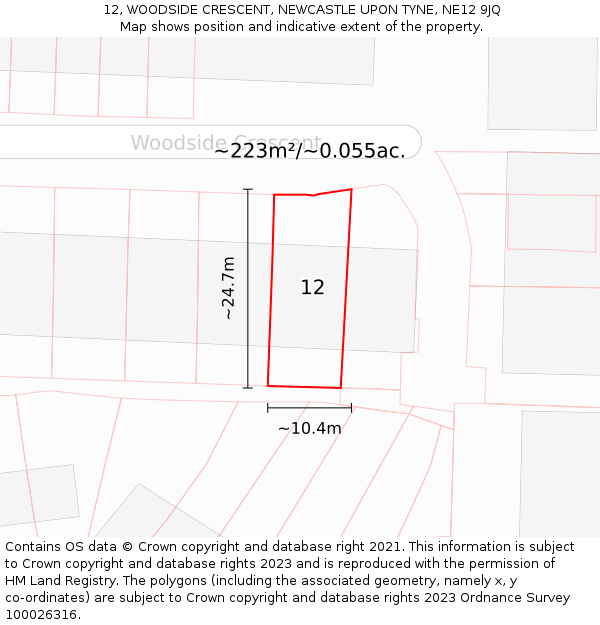 12, WOODSIDE CRESCENT, NEWCASTLE UPON TYNE, NE12 9JQ: Plot and title map