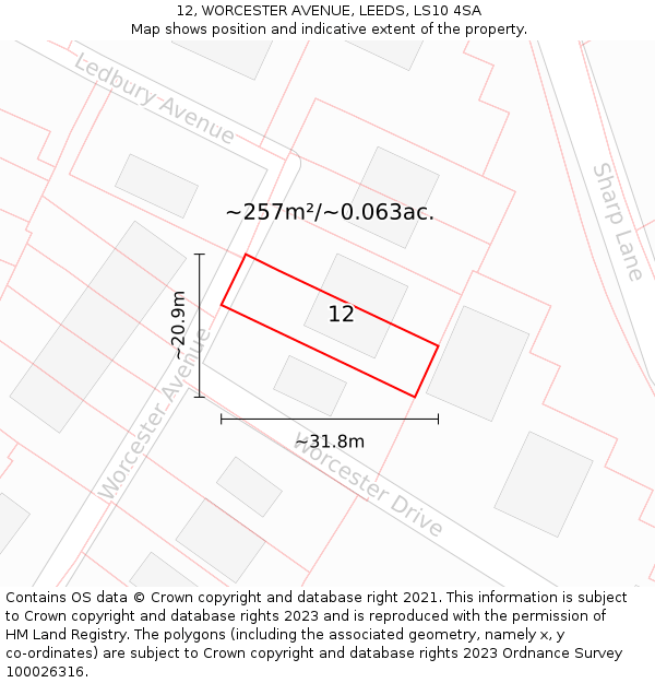 12, WORCESTER AVENUE, LEEDS, LS10 4SA: Plot and title map