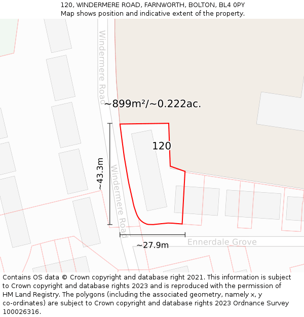 120, WINDERMERE ROAD, FARNWORTH, BOLTON, BL4 0PY: Plot and title map