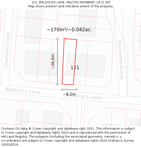 121, BALDOCKS LANE, MELTON MOWBRAY, LE13 1EP: Plot and title map