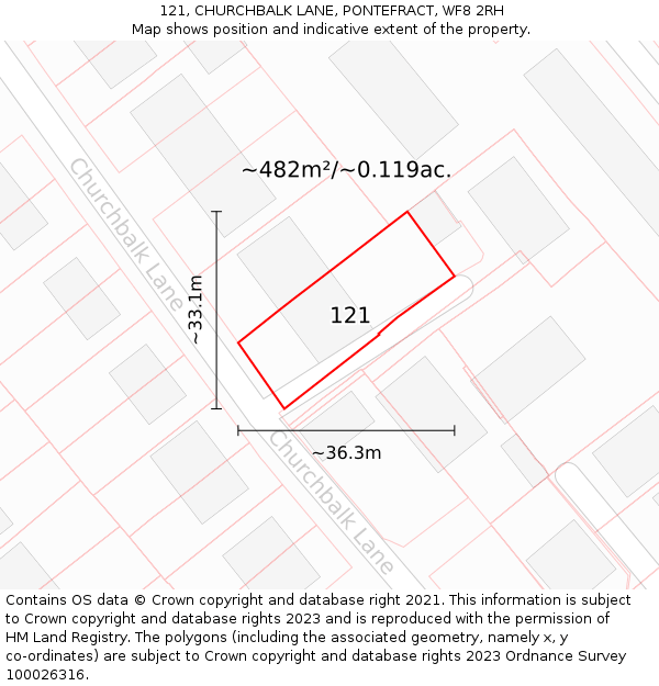 121, CHURCHBALK LANE, PONTEFRACT, WF8 2RH: Plot and title map